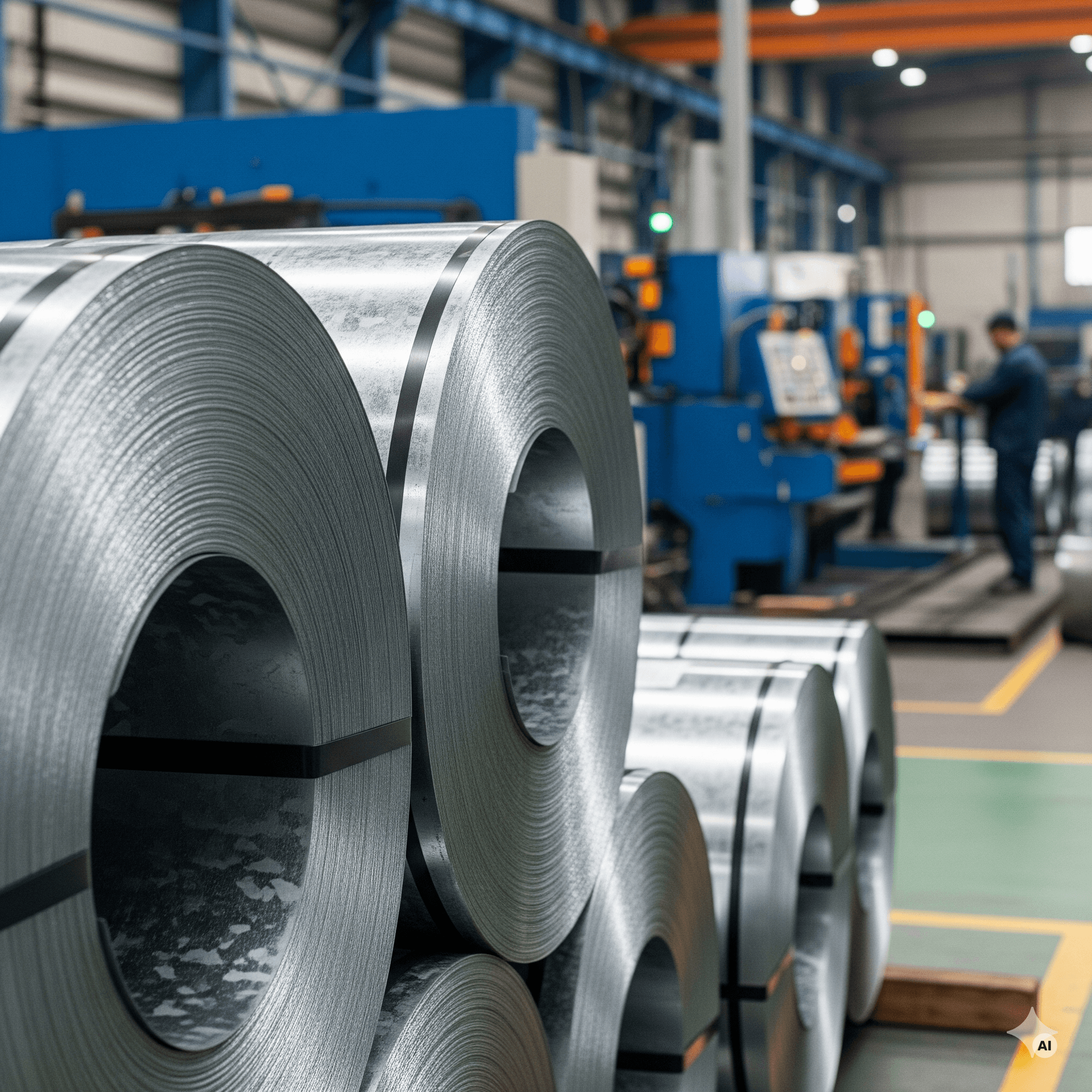 Galvanized steel sheet coils in a metalworking factory (KI-generiert)