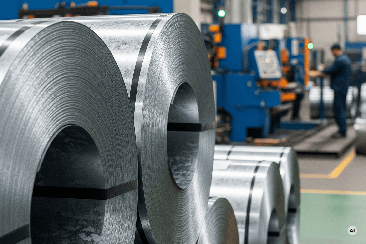 Galvanized steel sheet coils in a metalworking factory (KI-generiert)