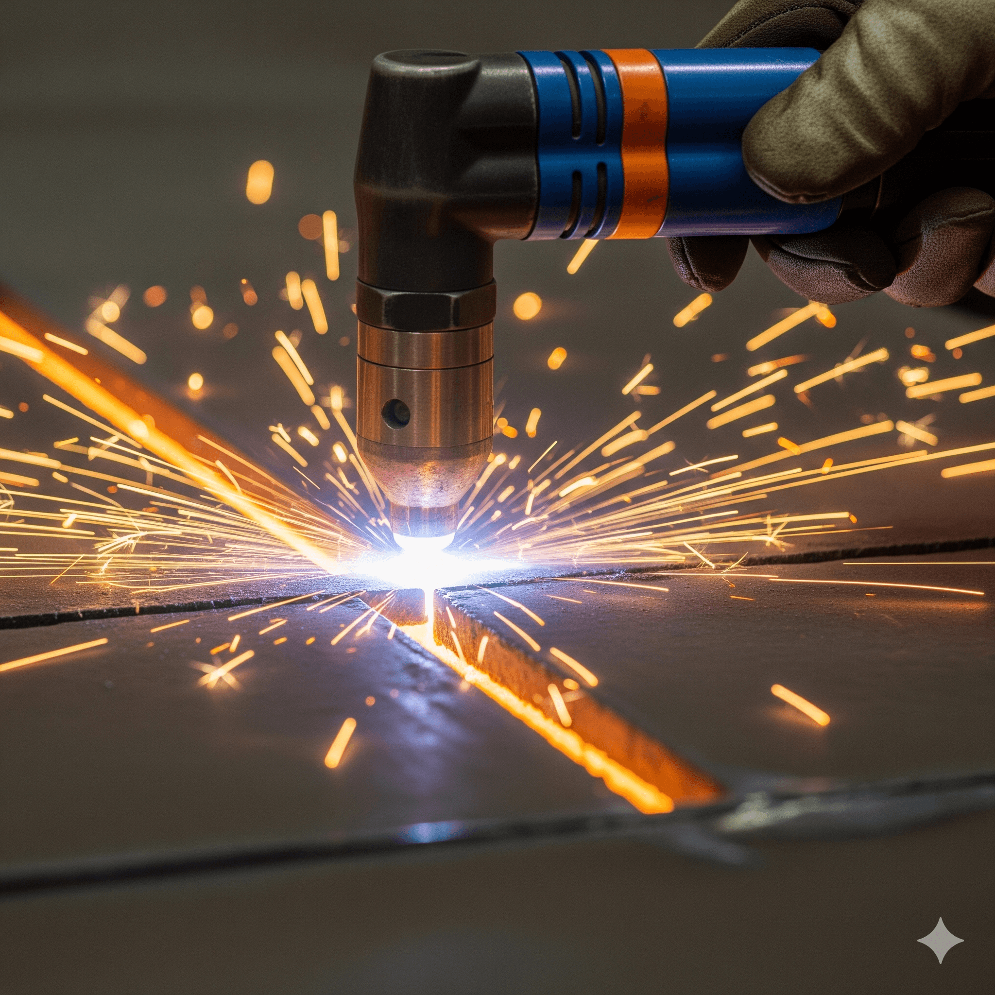 Close up of a plasma cutter with sparks