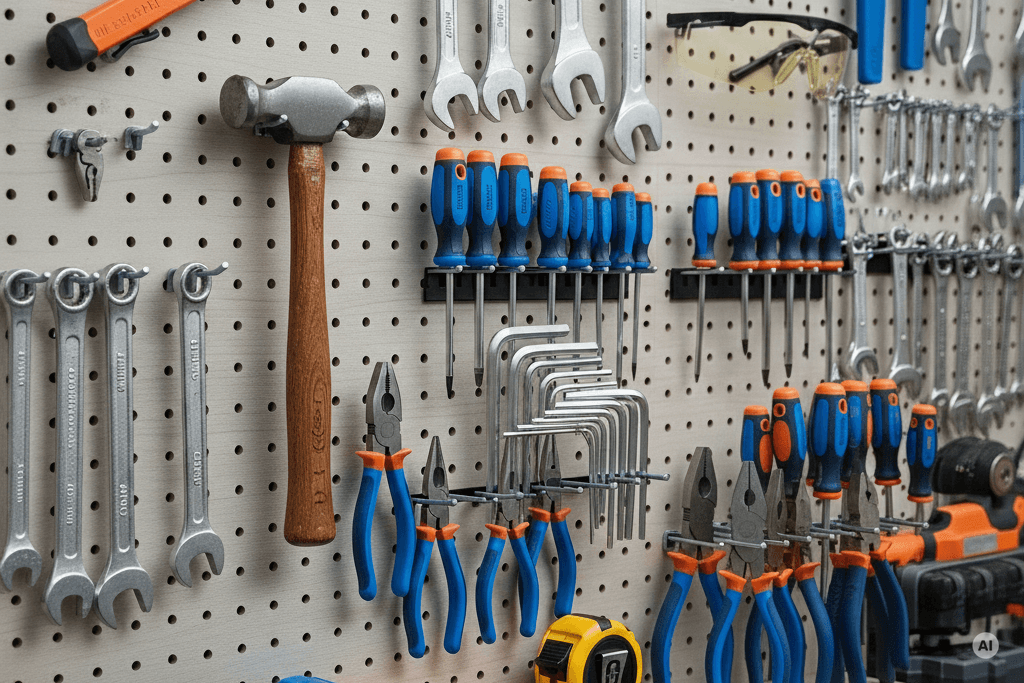 Tools on a rack pegboard (AI-generated)