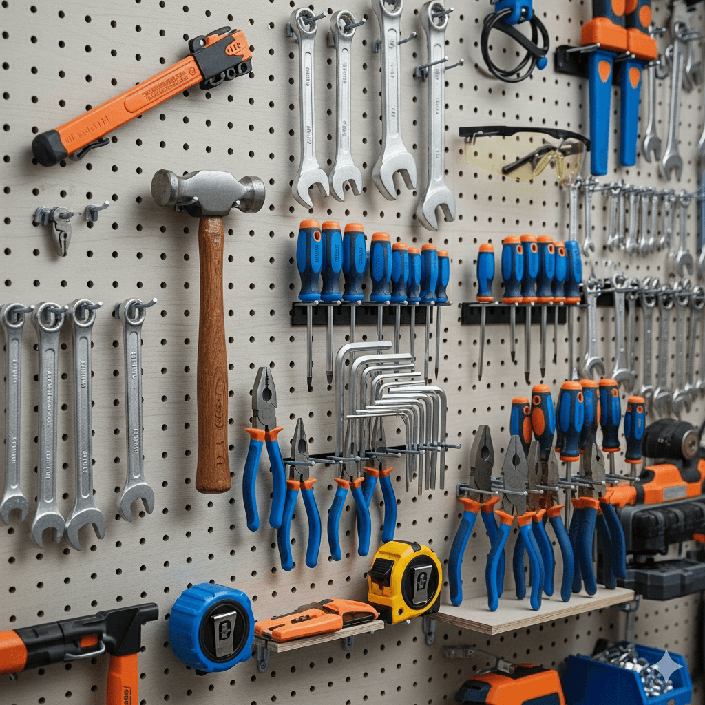 Tools on a rack pegboard