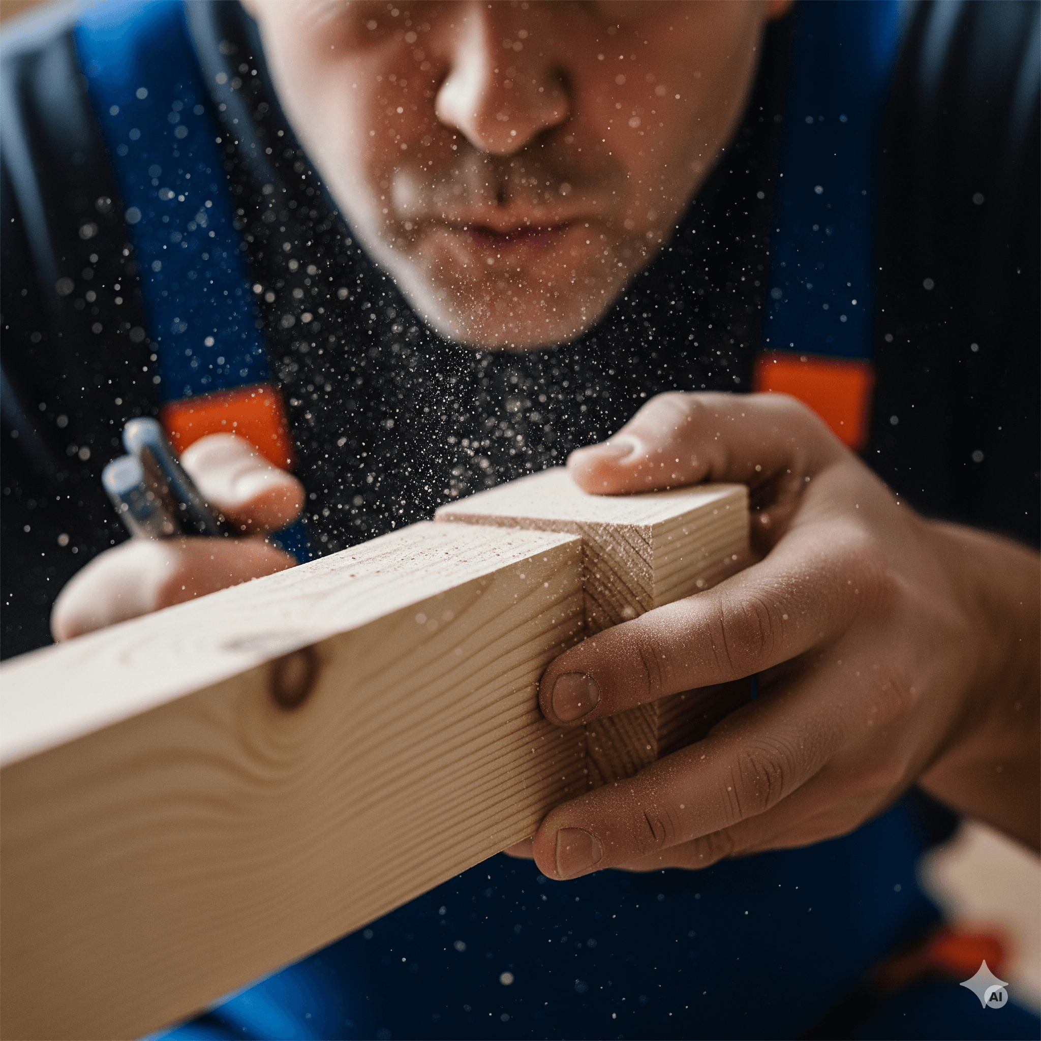 Carpenter blowing over a wooden stud (AI-generated)