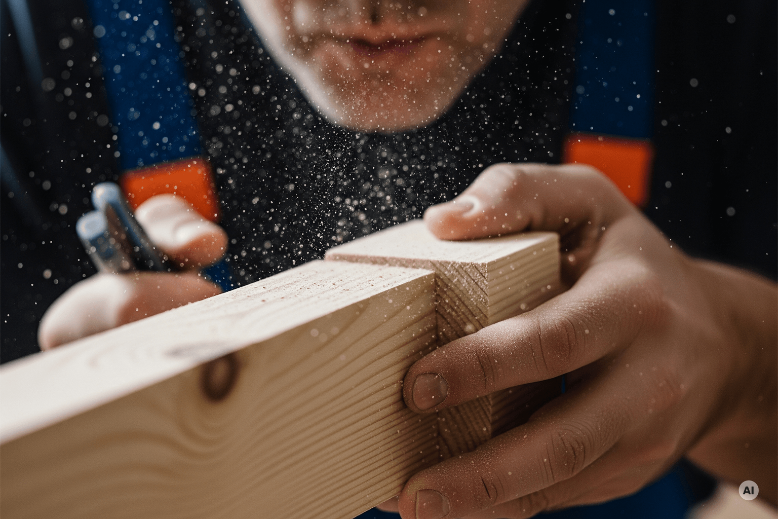 Carpenter blowing over a wooden stud (AI-generated)