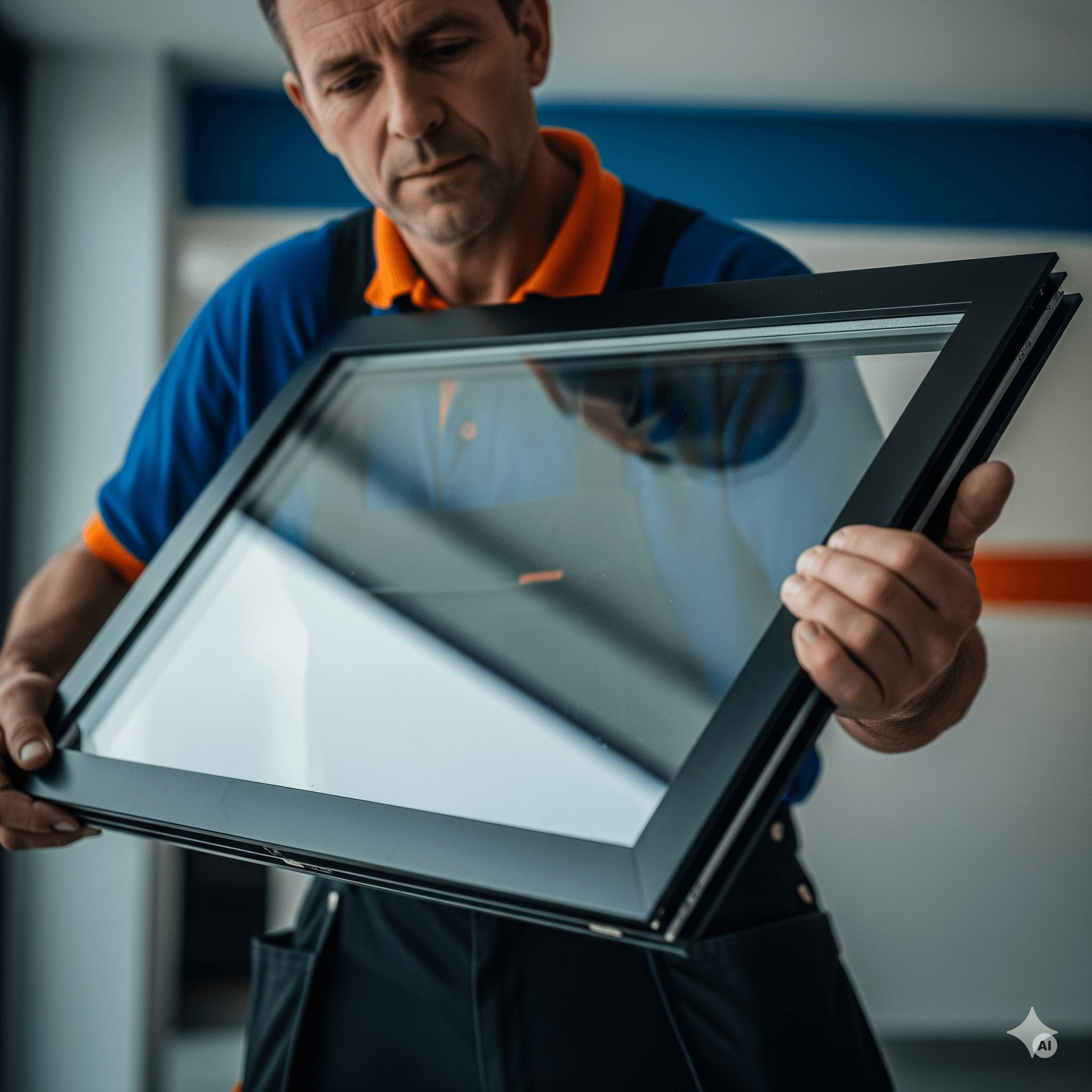 Window fitter holding a window (KI-generiert)