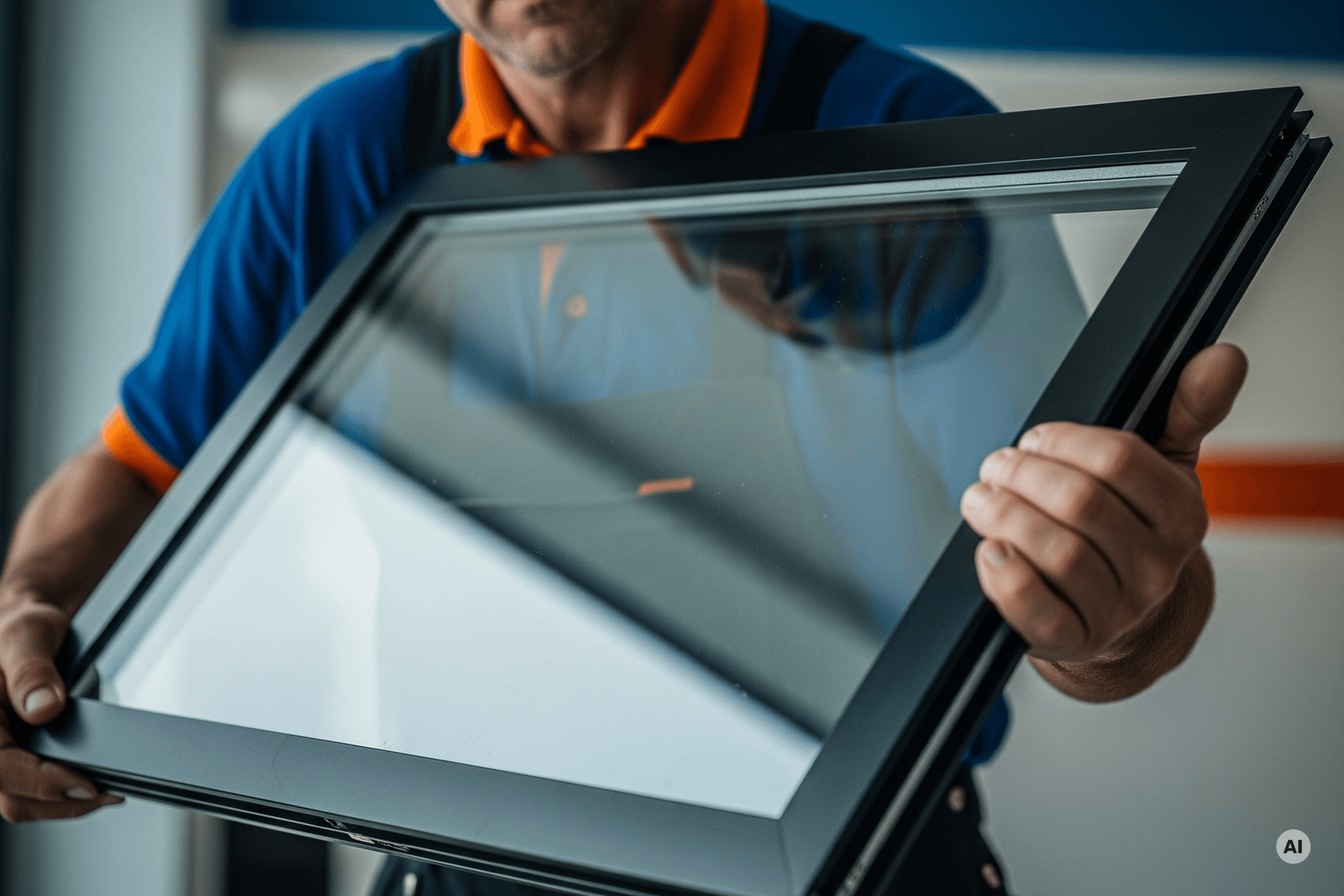 Window fitter holding a window (KI-generiert)